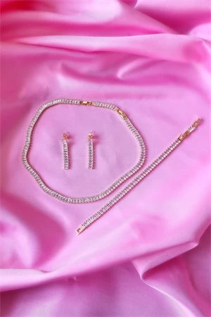 Çelik Su Yolu Zirkon Taşlı Kolye Ve Bileklik Seti, Su Yolu Kolye, Su Yolu Bileklik,Küpe Zirkon Taş. - 3