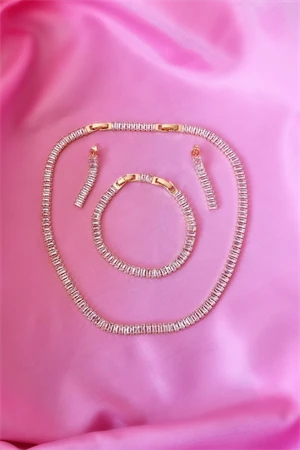 Çelik Su Yolu Zirkon Taşlı Kolye Ve Bileklik Seti, Su Yolu Kolye, Su Yolu Bileklik,Küpe Zirkon Taş. - 2