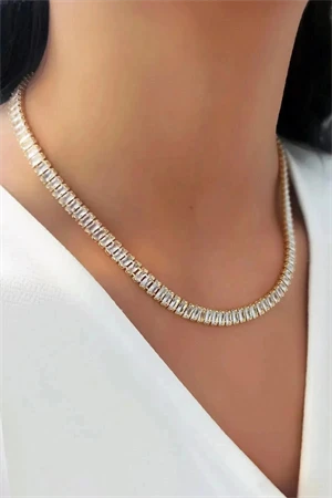 Çelik Su Yolu Kolye, Kadın Baget Zirkon Taşlı Çelik Gold Suyolu Kolye.