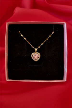 Çelik Pembe Kalpli Kadın Kolye