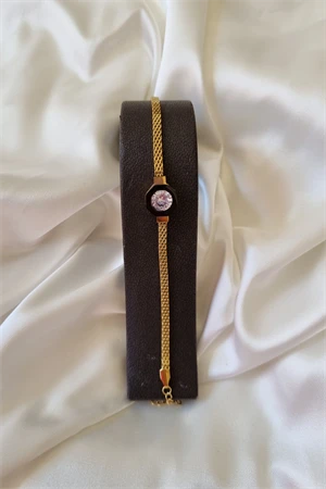 316L Çelik Gold Renk Ezme Zincir Zirkon Taşlı Mineli Serenay Kolye Bileklik Set - 4