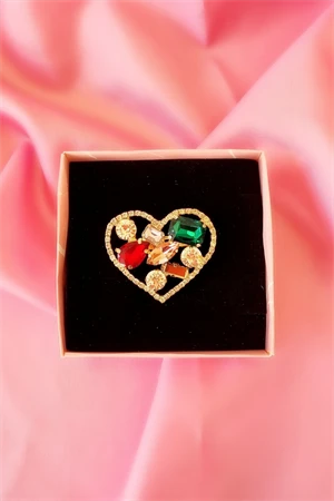 Kadın Renkli Zirkon Taşlı Kalp Broş - Resim 2