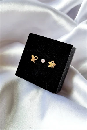 3'lü Kelebek Çiçek Tektaş Küpe Set - 2