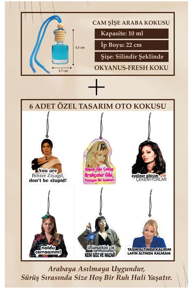 ByMeyla ALAYCI SÖZLER 6 ADET ÖZEL TASARIM (CAM ŞİŞE OKYANUS ESANS HEDİYELİ) OTO KOKUSU VE AKSESUARI