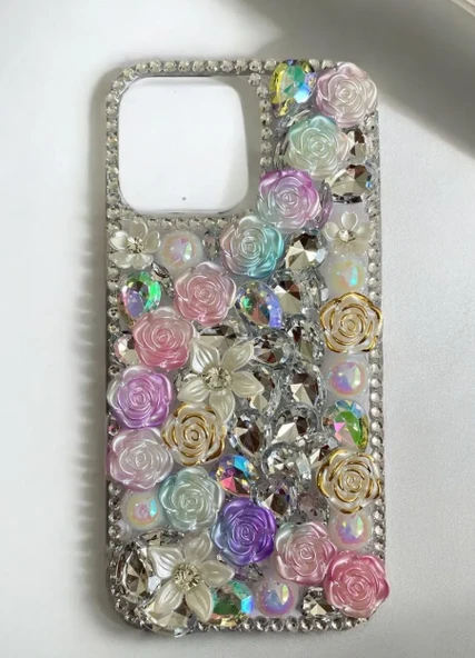 iPhone 14 Promax Gül ve Çiçek Detaylı Büyük Taşlı Premium Model Kılıf