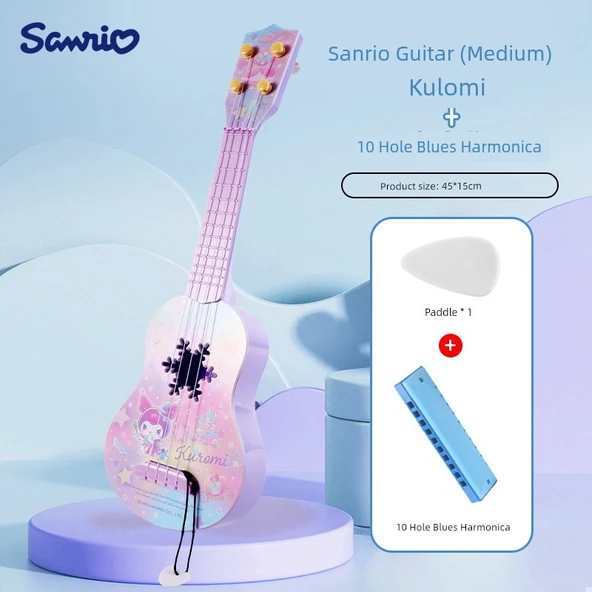 Çocuk Gitar Oyuncak Ukulele - Orta Boy Kuromi + Paddle + 10 Delik Harmonik