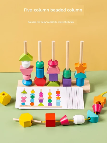 Montessori Renk Eşleştirme İp Boncuk Seti - Ahşap Saat Öğretici Aracı ile Boncuklu Yapı Seti - 2