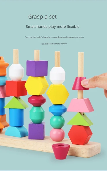 Montessori Renk Eşleştirme İp Boncuk Seti - Ahşap Saat Öğretici Aracı ile Boncuklu Yapı Seti - 10