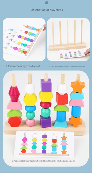 Montessori Renk Eşleştirme İp Boncuk Seti - Ahşap Saat Öğretici Aracı ile Boncuklu Yapı Seti - 12