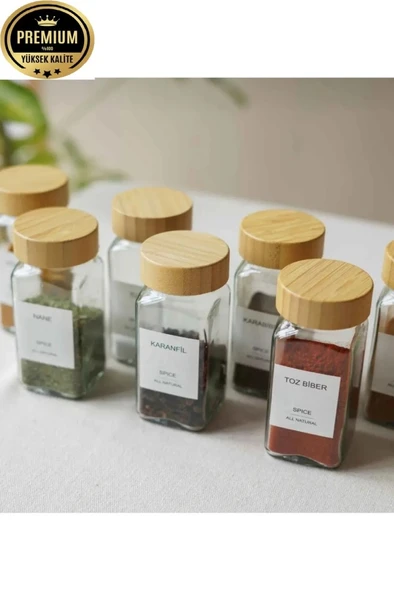 Pinterest Bambu Standlı Bambu Kapaklı 25 Parça Tezgah Üstü Baharatlık Etiketli - 3