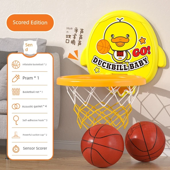 Çocuklar için Basketbol Potası Seti - Sesli ve Işıklı Skor Sarı Ördek - Katlanabilir Atış Rafı - 2 Basketbol ile