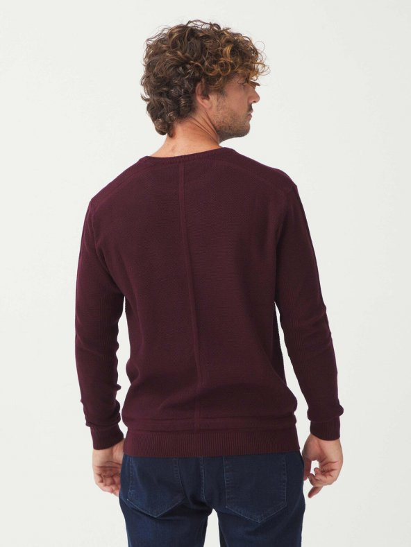 Bisiklet Yaka Pamuklu Slim Fit Kazak Bordo - 2