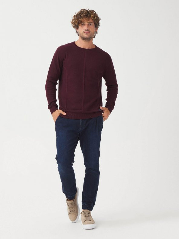Bisiklet Yaka Pamuklu Slim Fit Kazak Bordo - 3