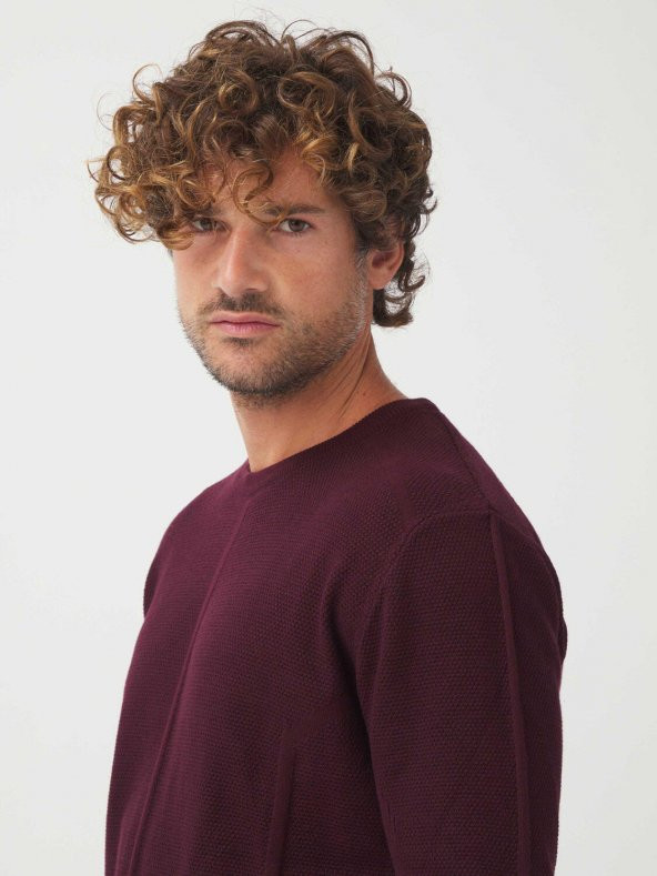 Bisiklet Yaka Pamuklu Slim Fit Kazak Bordo - 4