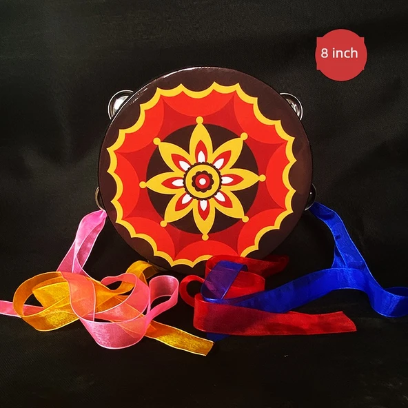 Orff Perküsyon Aleti Tamburin - Şerit Ay Işığı Çiçek Kırmızı - 20cm