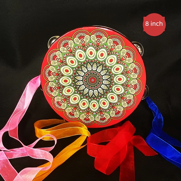 Orff Perküsyon Aleti Tamburin - Şerit Kırmızı Tavus Kuşu Tüyü - 20cm