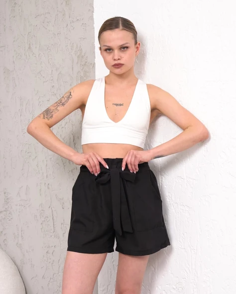 Kuşaklı keten şort siyah s255265 - 3