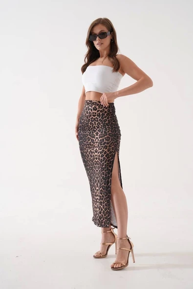 Uzun yırtmaçlı ince kumaş etek leopar - 3
