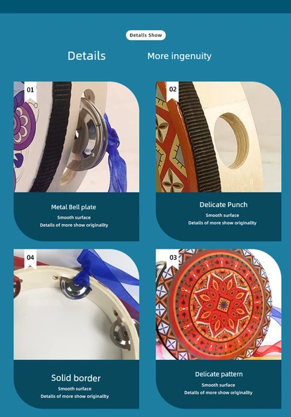 Orff Perküsyon Aleti Tamburin - Şerit Dunhuang Çiçek Sarmalı - 20cm - 12