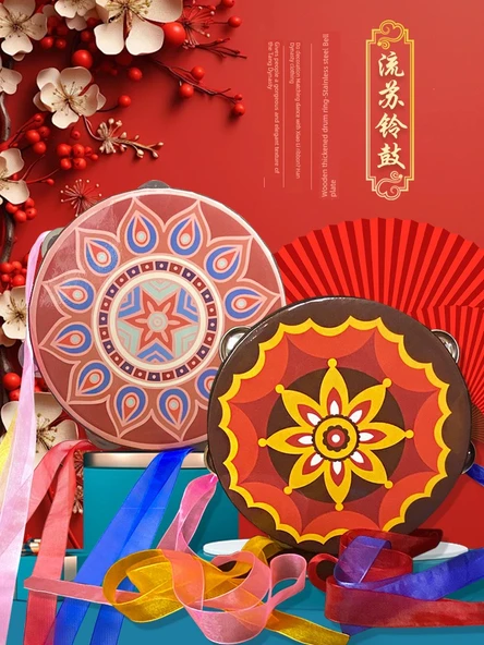 Orff Perküsyon Aleti Tamburin - Şerit Dunhuang Çiçek Sarmalı - 20cm - 2