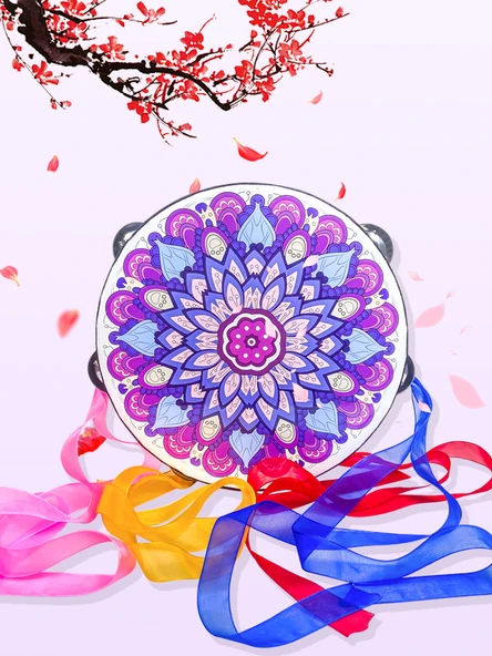 Orff Perküsyon Aleti Tamburin - Şerit Dunhuang Çiçek Sarmalı - 20cm - 3