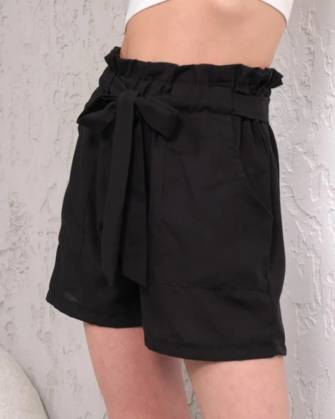 Kuşaklı keten şort siyah s255265 - 5