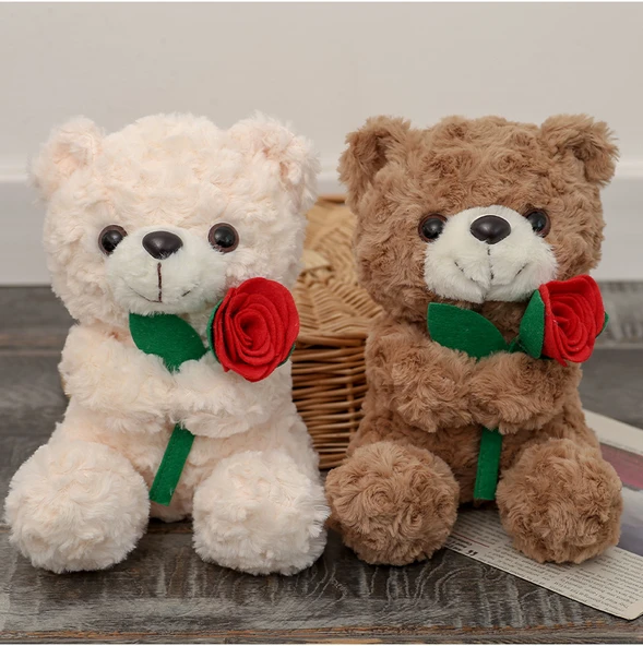 Ayıcık Oturan Çiçek Tutan - 20cm - Beyaz - 12