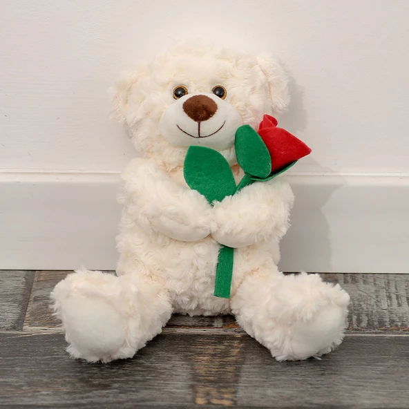 Ayıcık Oturan Çiçek Tutan - 20cm - Beyaz - 4