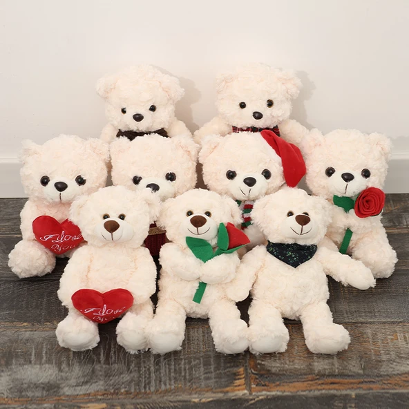 Ayıcık Oturan Çiçek Tutan - 20cm - Beyaz - 3