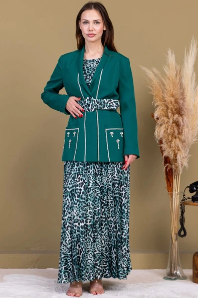 Leopar Desenli Ceketli Üçlü Takım 4715-Zümrüt Yeşili - 4