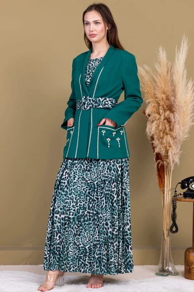 Leopar Desenli Ceketli Üçlü Takım 4715-Zümrüt Yeşili - 8