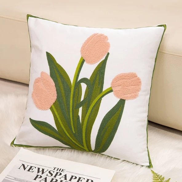 Havlu Nakışlı Yastık - Beyaz Kareli - 45cm - 4