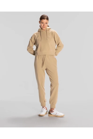 Logo Elise Waffle Hoodie Kadın Bej Regular Fit Hoodie