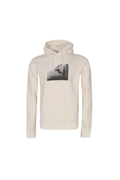 Erkek Beyaz Kapüşonlu Baskılı  Sweatshirt 21203