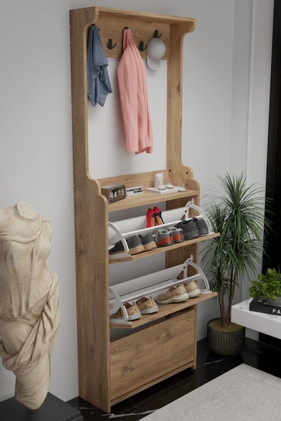 Modus Vestiyer Düşer Kapak Ayakkabılık 3 Raflı Atlantik Çam - 3