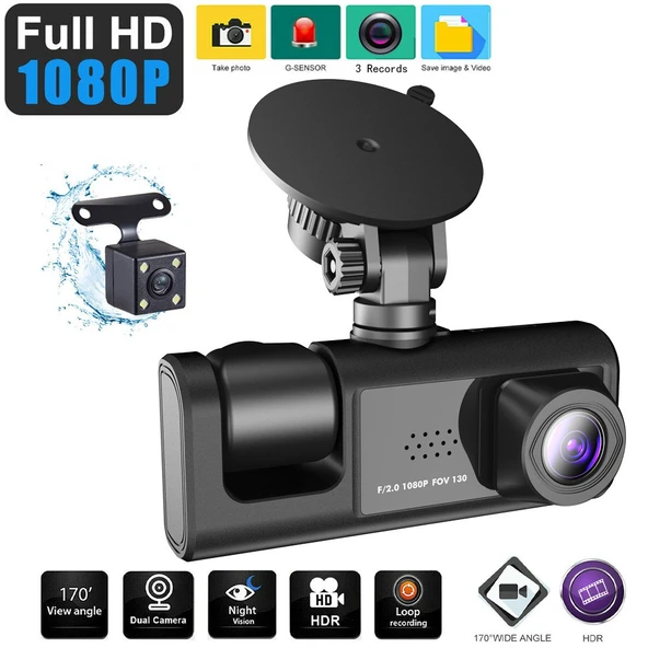 HD 1080P 3 Lens Araç Kamerası - Ön + İç (WIFI Yok) - 4