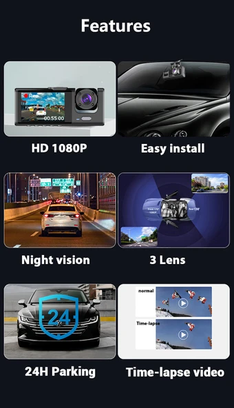 HD 1080P 3 Lens Araç Kamerası - Ön + İç + Arka (WIFI) - 7