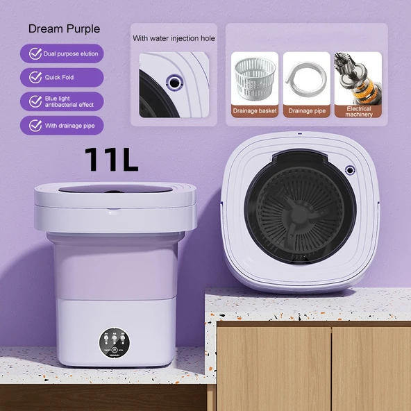 Katlanabilir Portatif Çamaşır Makinesi - 11L - Pembe - Mavi Işık - EU Priz - 2