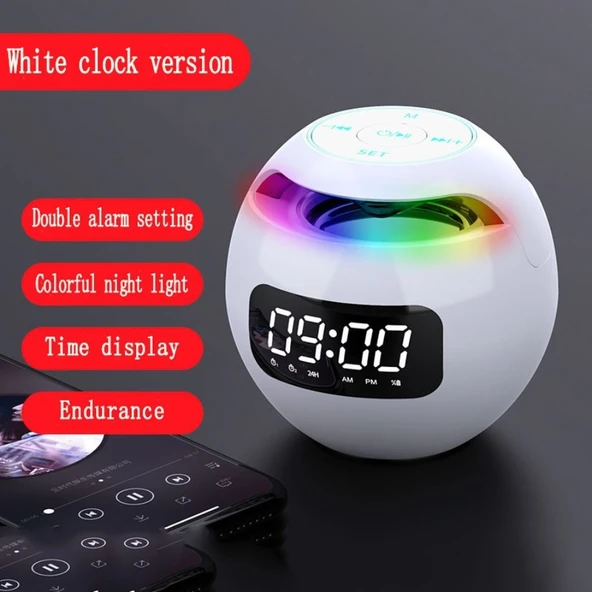 Kablosuz Bluetooth Hoparlör Alarm Saati - Beyaz