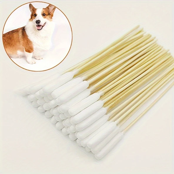 Kedi ve Köpek Pamuklu Kulak Temizleme Çubuğu - 50 Adet - 12cm Ahşap Sap - 5