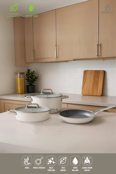 5 Parça İdeal Yanmaz Yapışmaz Seramik Tencere Tava Seti Beyaz