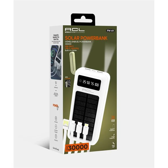 ACL Pw-61 30.000mah Güneş Enerjili Powerbank Beyaz - 5 Cihaz Aynı Anda Şarj - Usb-c & Lightning - Mi