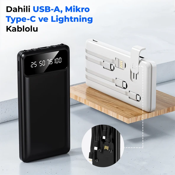 ACL Pw-82 10.000mah Powerbank Beyaz - Çoklu Şarj Kablolu, Taşınabilir Şarj Cihazı - 3