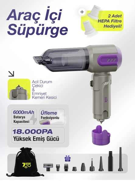 7GO Ahv-14 2'si 1 Arada Kablosuz Araç Içi Süpürge Mor - 18000pa Güçlü Vakum Üfleme - Cam Kırıcı