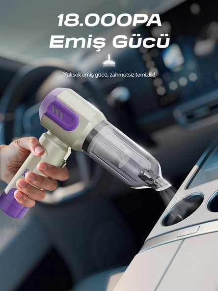 7GO Ahv-14 2'si 1 Arada Kablosuz Araç Içi Süpürge Mor - 18000pa Güçlü Vakum Üfleme - Cam Kırıcı - 2