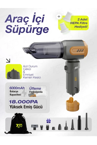 7GO Ahv-14 2'si 1 Arada Kablosuz Araç Içi Süpürge Turuncu - 18000pa Güçlü Vakum Üfleme - Cam Kırıc
