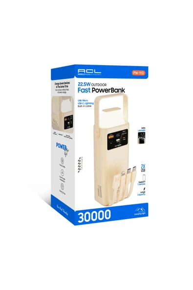 ACL Pw-112 22.5w Outdoor Hızlı Şarj Powerbank Beyaz - 30.000mah Kapasite, Çoklu Usb Çıkış, Dahili Ka