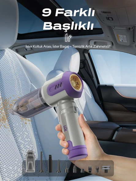7GO Ahv-14 2'si 1 Arada Kablosuz Araç Içi Süpürge Mor - 18000pa Güçlü Vakum Üfleme - Cam Kırıcı - 3