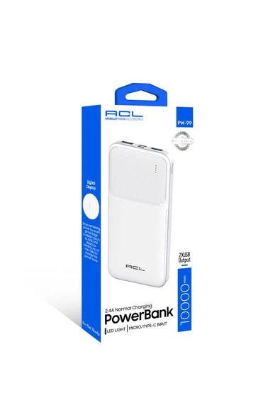 ACL Pw-99 10000mah Powerbank Beyaz - Led Göstergeli, Çift Usb - Type-c Çıkışlı, Akıllı Güvenlik Sist
