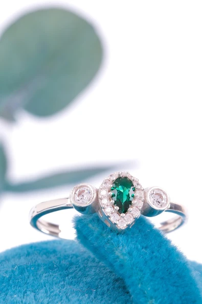 Minera Serisi Zirkon Yeşim Taşlı Damla Gümüş Kadın Yüzük - 6